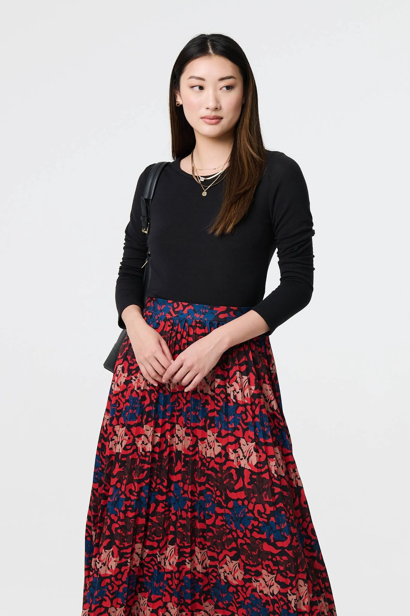 Printed Box Pleat Hanky Hem Midi Skirt