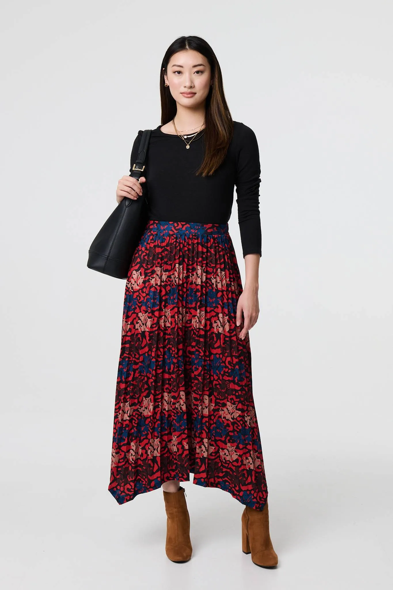 Printed Box Pleat Hanky Hem Midi Skirt