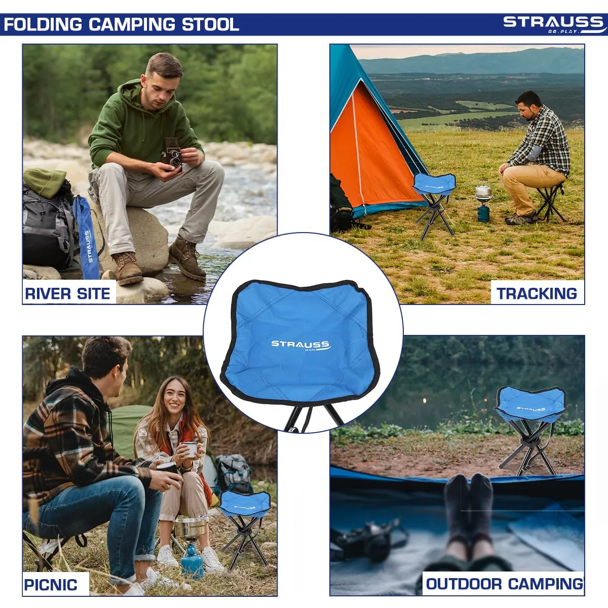 STRAUSS Folding Camping Chair | Portable & Foldable Stool | Portable Chair for Camping, Fishing, Hiking, Gardening and Beach 4 Leg Chair (Blue)