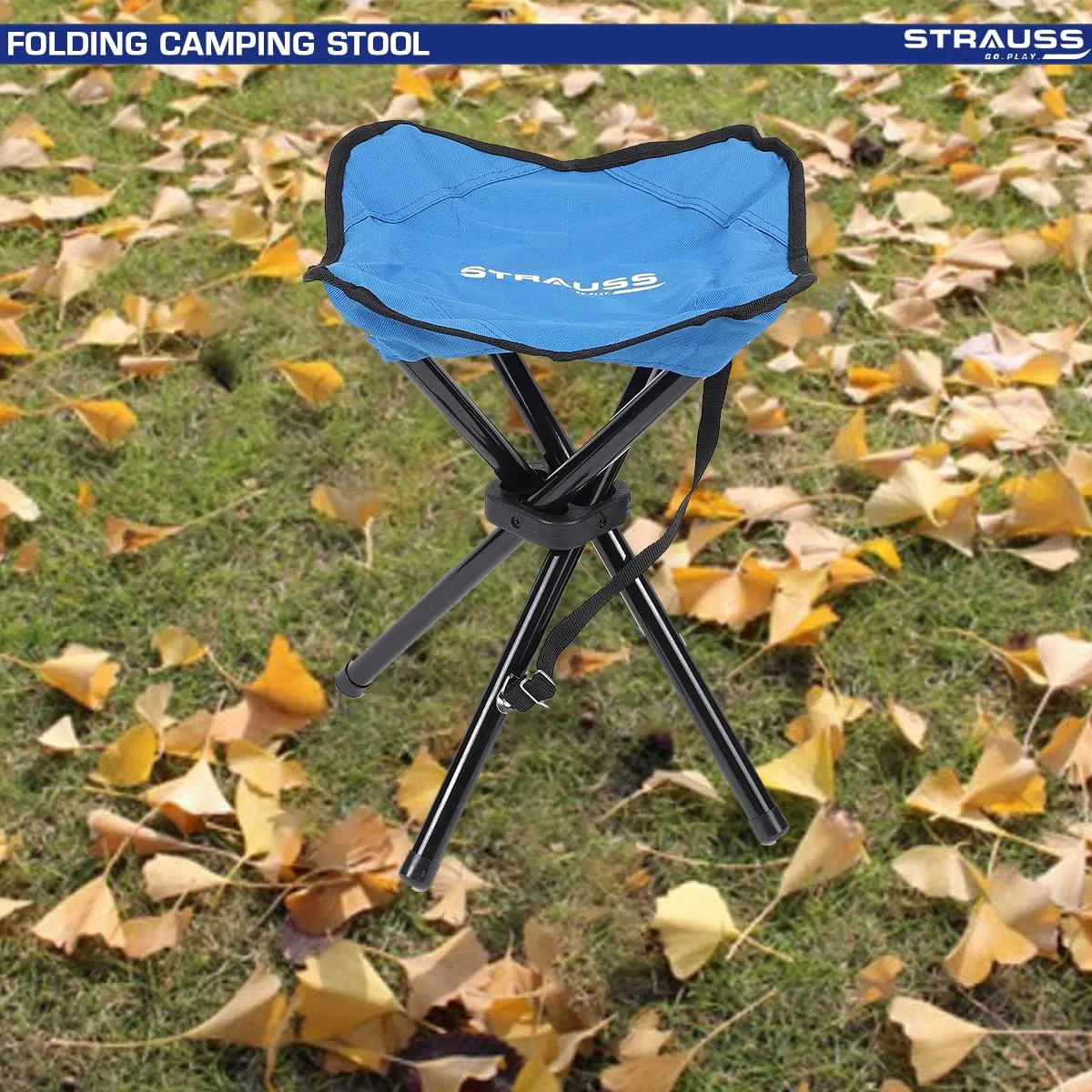 STRAUSS Folding Camping Chair | Portable & Foldable Stool | Portable Chair for Camping, Fishing, Hiking, Gardening and Beach 4 Leg Chair (Blue)