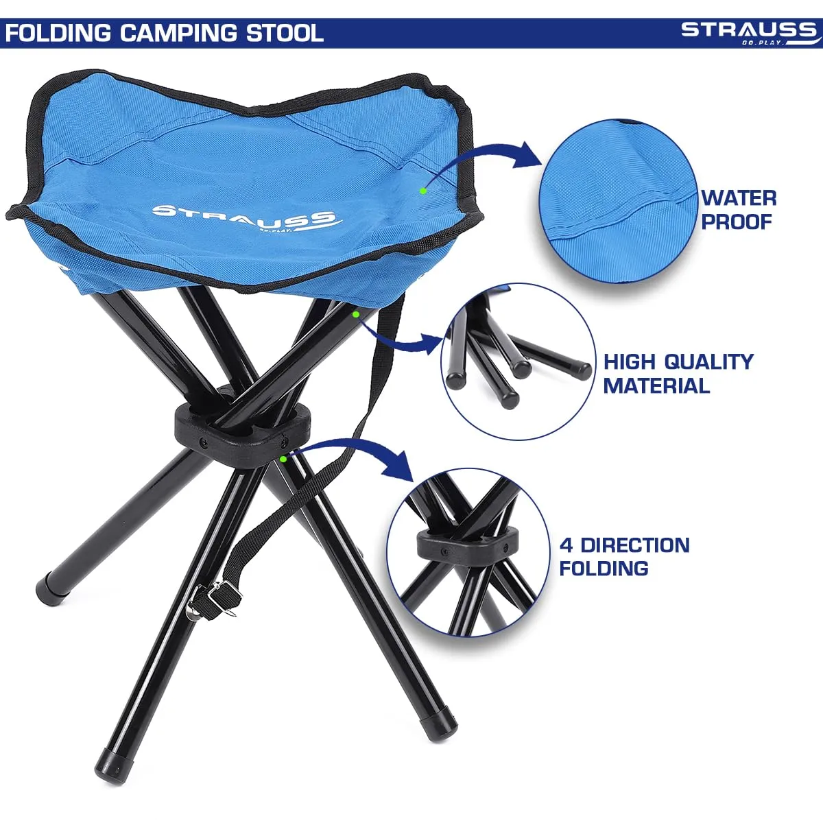 STRAUSS Folding Camping Chair | Portable & Foldable Stool | Portable Chair for Camping, Fishing, Hiking, Gardening and Beach 4 Leg Chair (Blue)