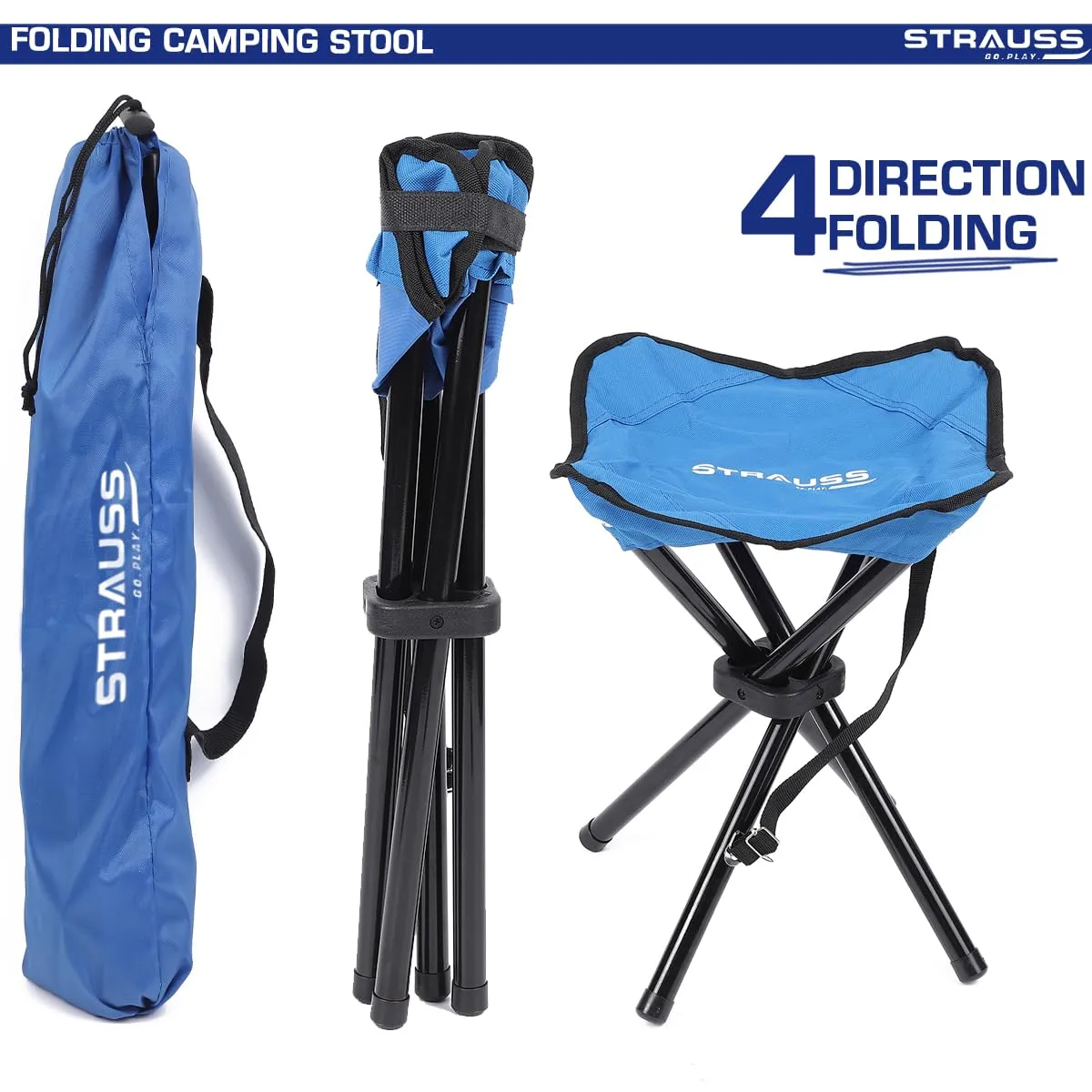 STRAUSS Folding Camping Chair | Portable & Foldable Stool | Portable Chair for Camping, Fishing, Hiking, Gardening and Beach 4 Leg Chair (Blue)