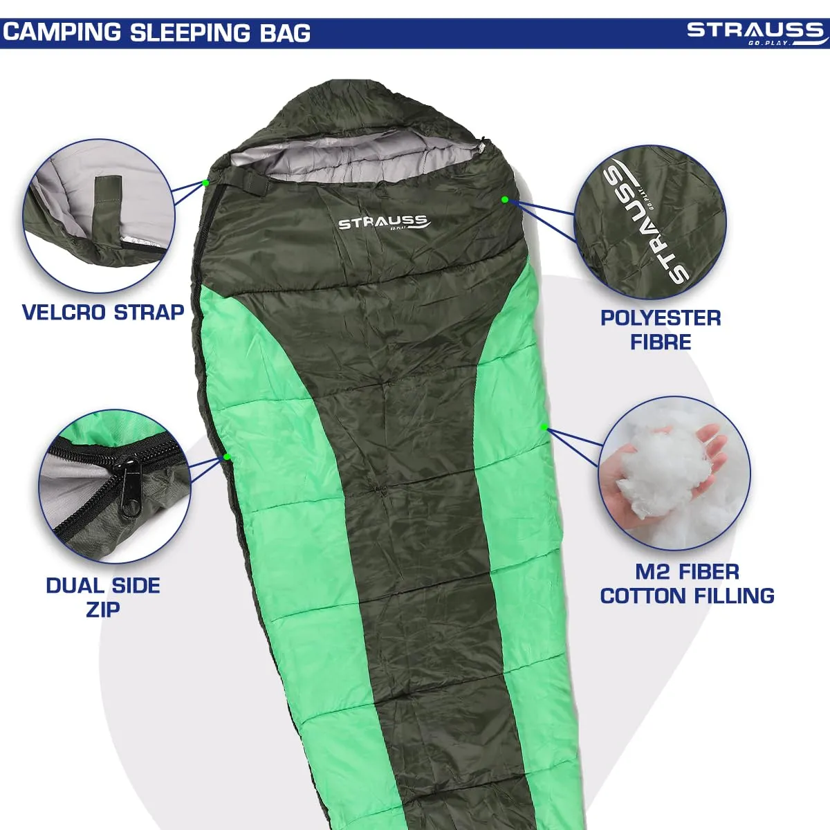 STRAUSS Mummy Shape Camping Sleeping Bag -5°C to 5°C |Can Be Used in Summer, Spring and Winter|Lightweight and Portable |Ideal for Travel Camping Hiking and Trekking | for Adults & Kids,(Black/Green)