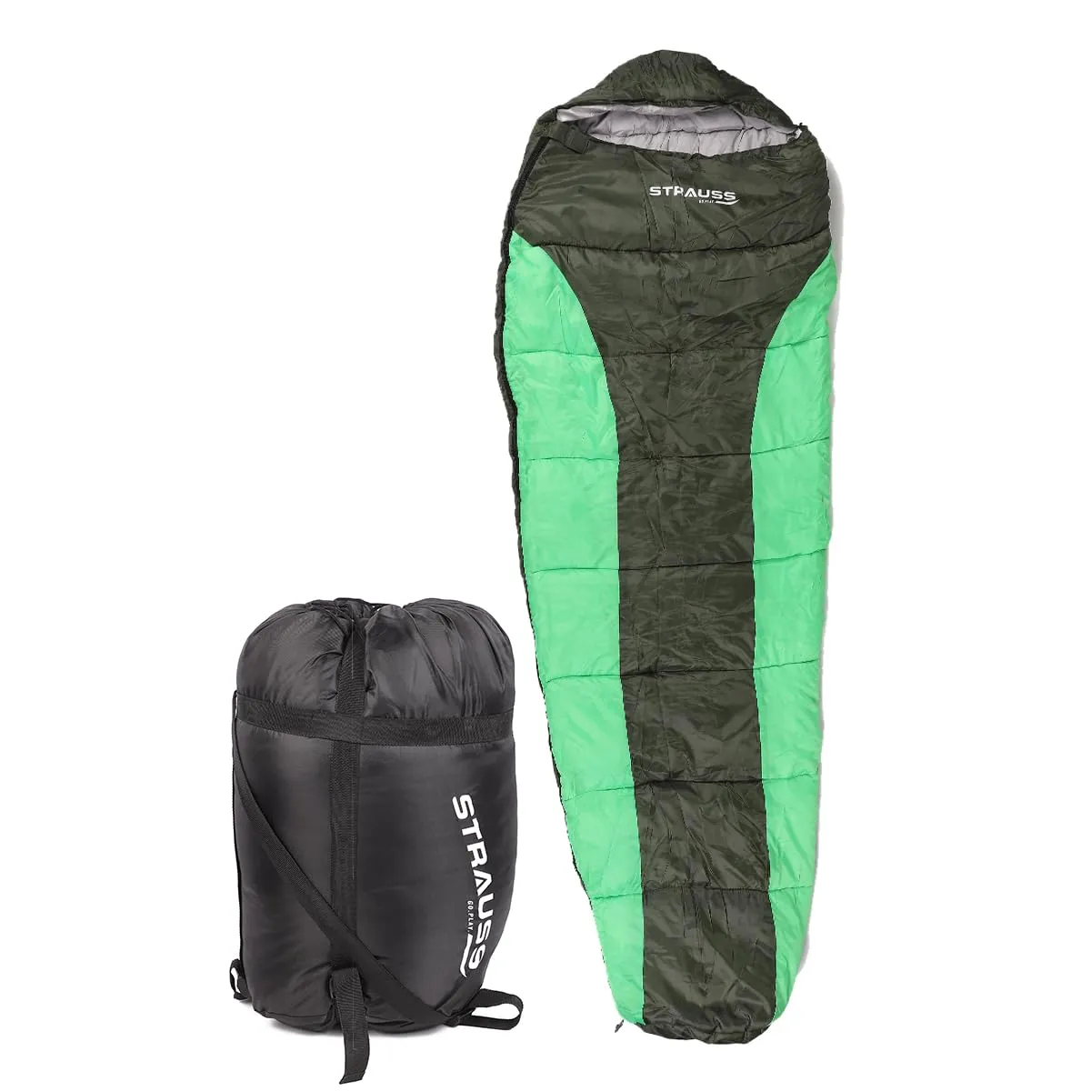 STRAUSS Mummy Shape Camping Sleeping Bag -5°C to 5°C |Can Be Used in Summer, Spring and Winter|Lightweight and Portable |Ideal for Travel Camping Hiking and Trekking | for Adults & Kids,(Black/Green)