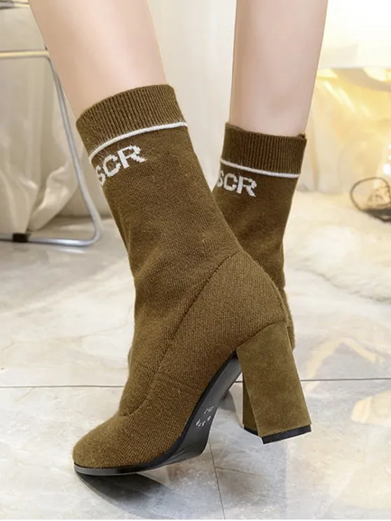 Trendy Letter Pointed Toe Chunky Mid Calf Boots