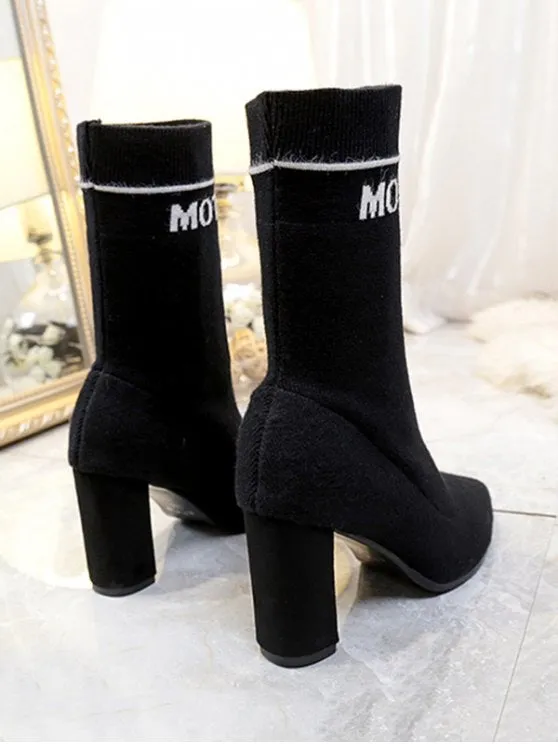 Trendy Letter Pointed Toe Chunky Mid Calf Boots