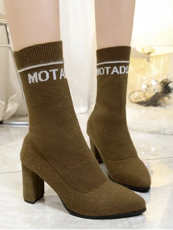 Trendy Letter Pointed Toe Chunky Mid Calf Boots