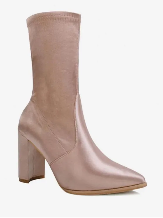 Trendy Pointed Toe Satin Chunky Heel Boots