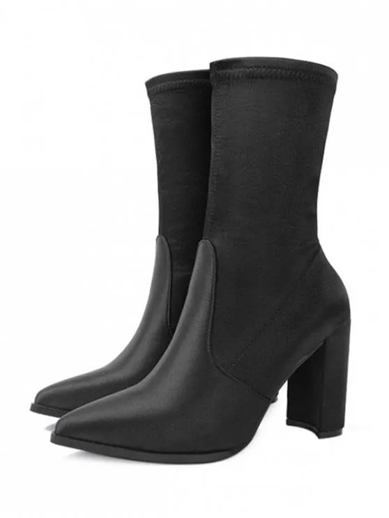 Trendy Pointed Toe Satin Chunky Heel Boots