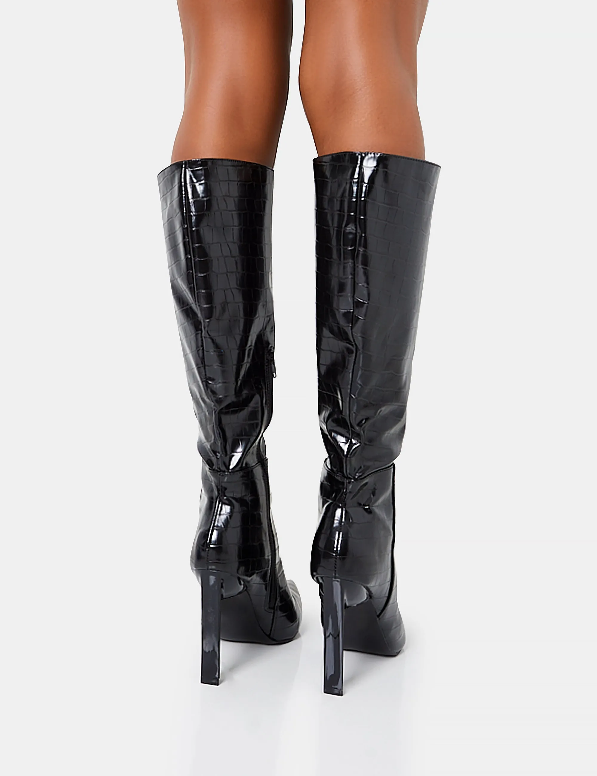 Unite Black Croc Pointed Toe  Knee High Block Heeled Boots