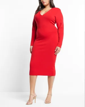 V-Neck Long Sleeve Padded Shoulder Back Cutout Midi Sweater Dress in Lipstick Red