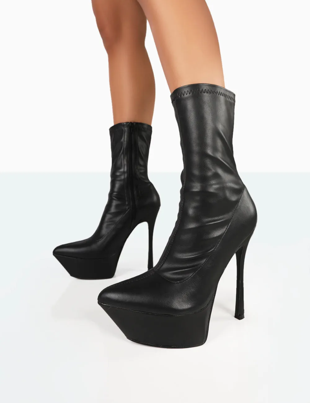 Vegas Black Grain Pointed Stiletto Platform Heeled Ankle Boots