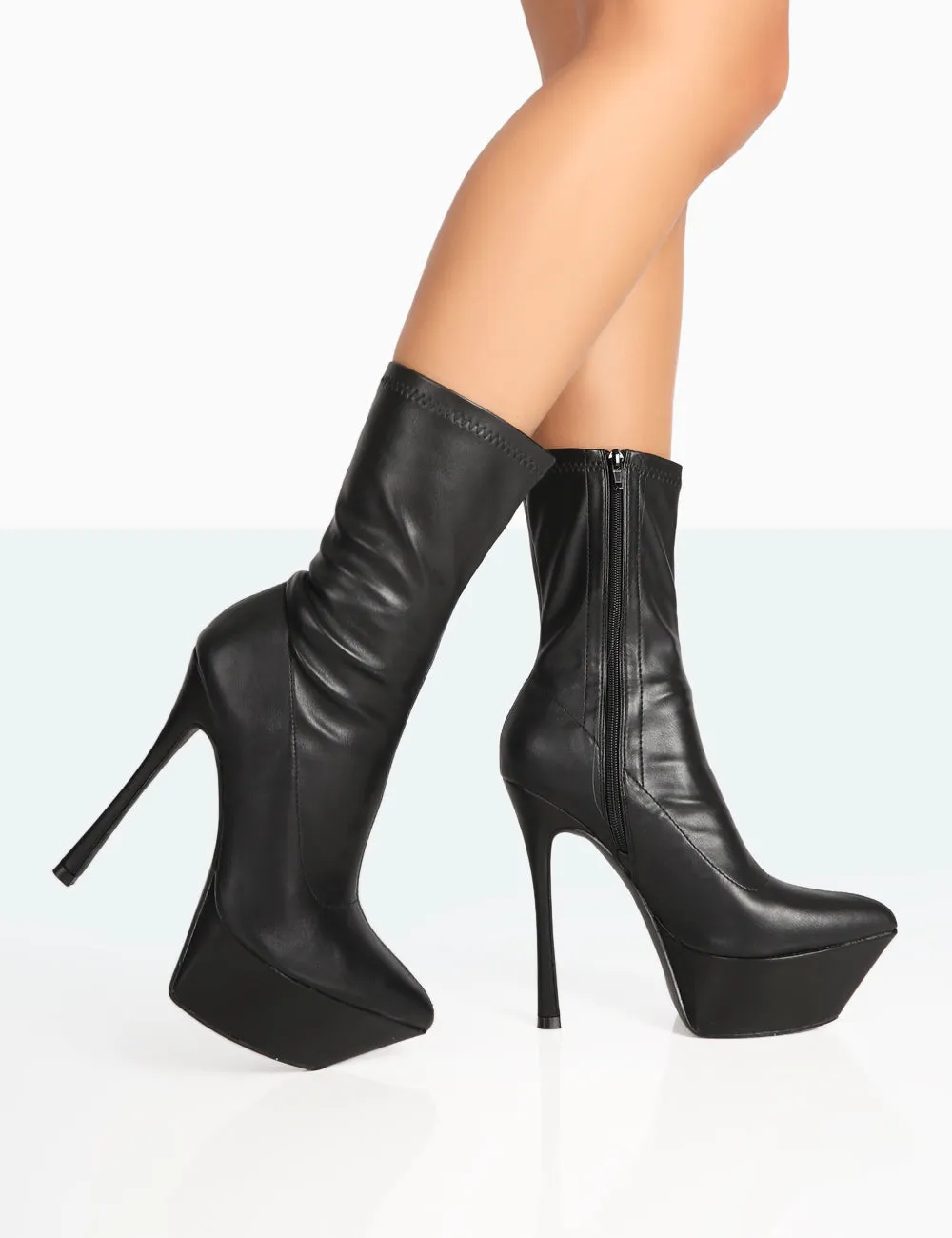 Vegas Black Grain Pointed Stiletto Platform Heeled Ankle Boots