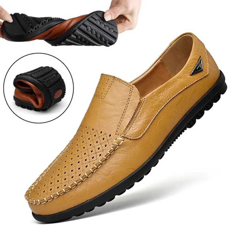 Yeknu Leather Men Shoe Casual Luxury Brand Summer Mens Loafers Genuine Leather Moccasins Hollow Out Breathable Slip on Shoes For Men